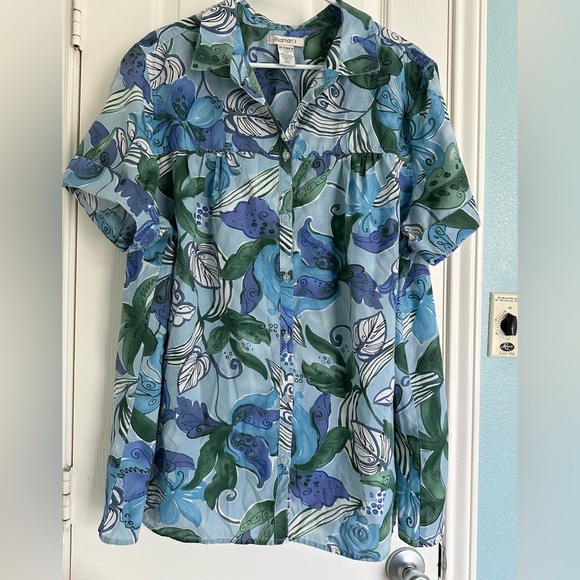 Roaman’s Women's Plus Size 22W Blue Floral V Neck Short Sleeve Button Up Top - Picture 1 of 4